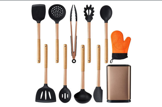 11pcs Rose Gold Silicone Cooking Utensils Set with Copper Utensil Holder