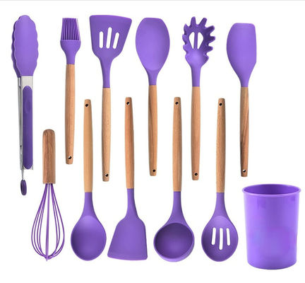 12-Piece Silicone Cooking Kitchen Utensil Set With Stand-Wooden Handle Silicone