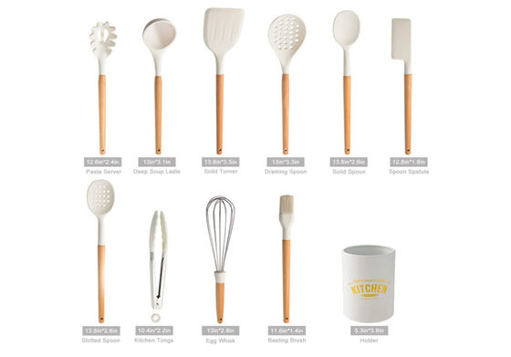11 Pieces heat resistant  Silicone Kitchen Utensil Sets With Holder,Wooden Handle