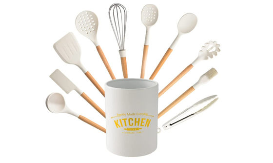 11 Pieces heat resistant  Silicone Kitchen Utensil Sets With Holder,Wooden Handle