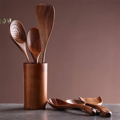 CU Wooden Spoon Spatula Set , Toxinfree Wooden Utensil Set With Holder