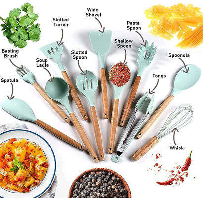 Silicone Wooden Kitchen Utensil Set With Stand Rustproof Multiapplication