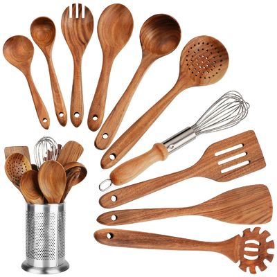 11 Piece Wooden Kitchen Utensil Set Nonstick Spoons Eco - Friendly