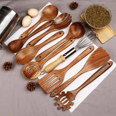 11 Piece Wooden Kitchen Utensil Set Nonstick Spoons Eco - Friendly