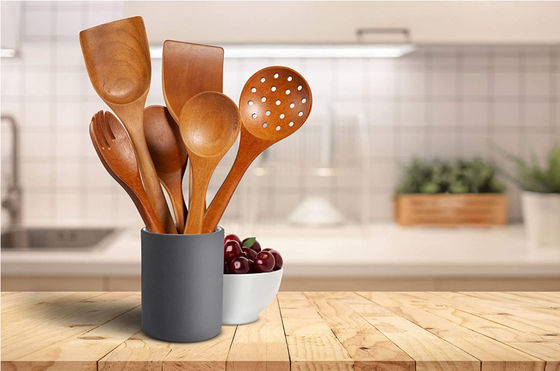 6 Piece Natural Teak Wooden Kitchen Cookware Spatula Spoons Fork Chestnut