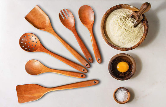 6 Piece Natural Teak Wooden Kitchen Cookware Spatula Spoons Fork Chestnut