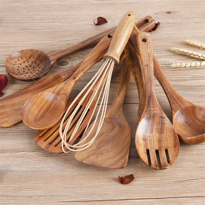 LFGB Wooden Kitchen Utensil Set 9Pcs Spatula Spoon Storage Bucket Cooking