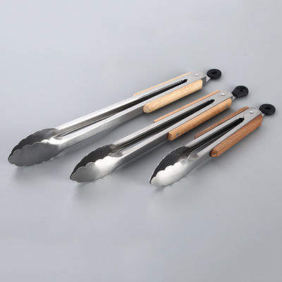 Heat Resistant Kitchen Food Tongs Stainless Steel Wood Handle Barbecue Food Clip