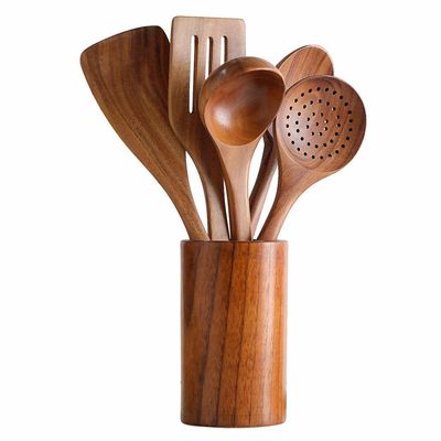 Natural Nonstick Hard Wood Cooking Utensils Spatula Spoons Set And Storage Wooden Barrel