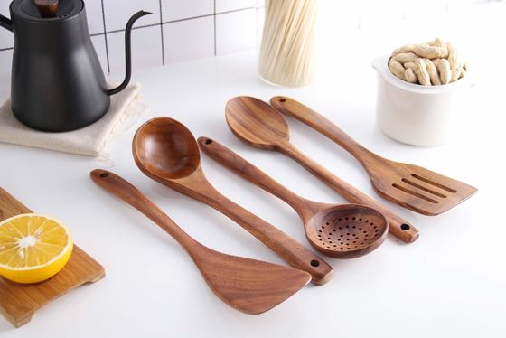 Natural Nonstick Hard Wood Cooking Utensils Spatula Spoons Set And Storage Wooden Barrel