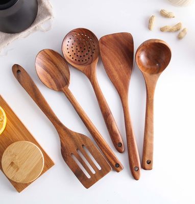 Natural Nonstick Hard Wood Cooking Utensils Spatula Spoons Set And Storage Wooden Barrel