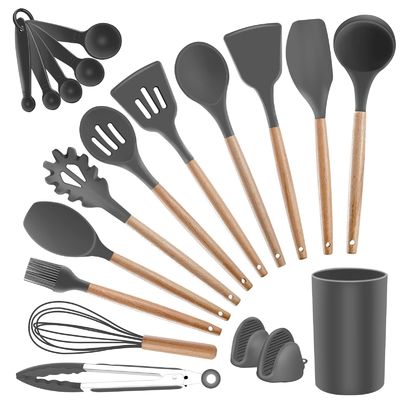 Non-stick Silicone Kitchen Utensils Wooden Handle with Holder Spatula Spoon Turner Tongs