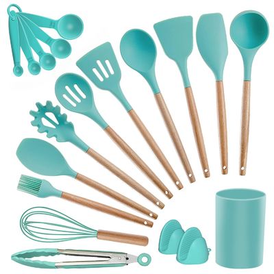 Non-stick Silicone Kitchen Utensils Wooden Handle with Holder Spatula Spoon Turner Tongs