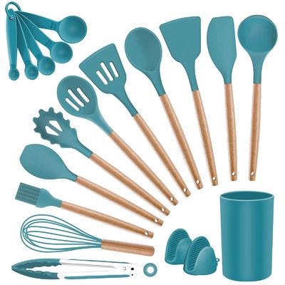 Non-stick Silicone Kitchen Utensils Wooden Handle with Holder Spatula Spoon Turner Tongs