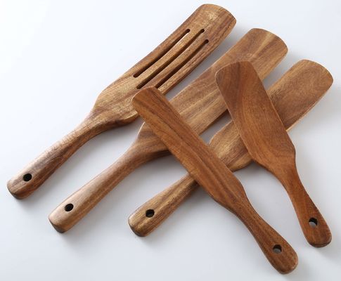 5Pcs Premium Natural Teak Wood Spatulas Spoons Set Nonstick