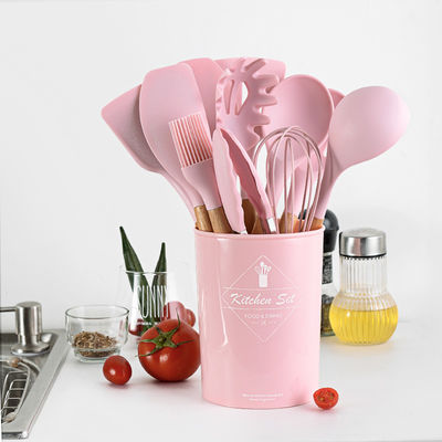 Non Stick Shovel With Storage Bucket Wooden Handle Silicone Kitchen Utensil Set 12 Pcs