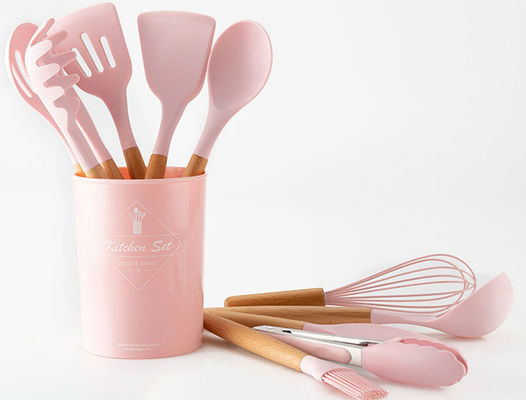 Non Stick Shovel With Storage Bucket Wooden Handle Silicone Kitchen Utensil Set 12 Pcs