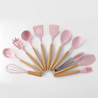Non Stick Shovel With Storage Bucket Wooden Handle Silicone Kitchen Utensil Set 12 Pcs