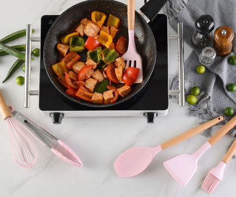 Non Stick Shovel With Storage Bucket Wooden Handle Silicone Kitchen Utensil Set 12 Pcs