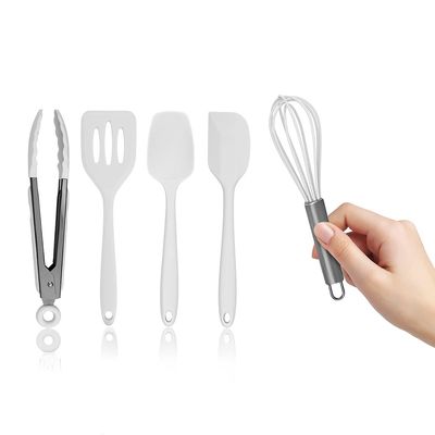 Five Piece White And Gunmetal Silicone Mini Kitchen Utensil Set