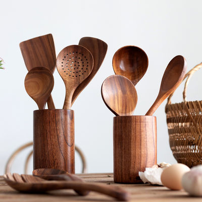8Pcs Nonstick Teak Wood Spoons Spatula With Holder Wooden Kitchen Utensil Set