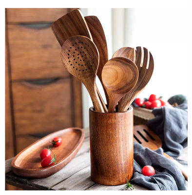 8Pcs Nonstick Teak Wood Spoons Spatula With Holder Wooden Kitchen Utensil Set