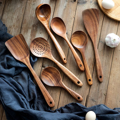 8Pcs Nonstick Teak Wood Spoons Spatula With Holder Wooden Kitchen Utensil Set
