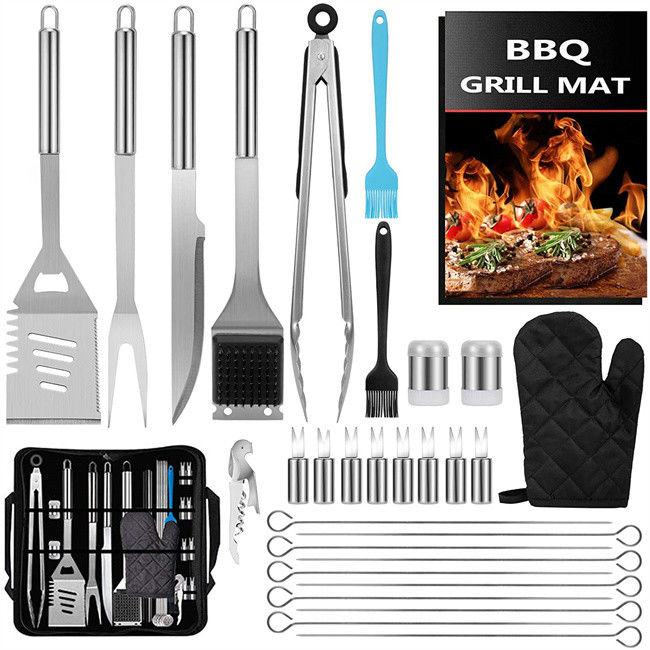 Silver BBQ Utensil Set Heatinsulated Antirust With Storage Bag