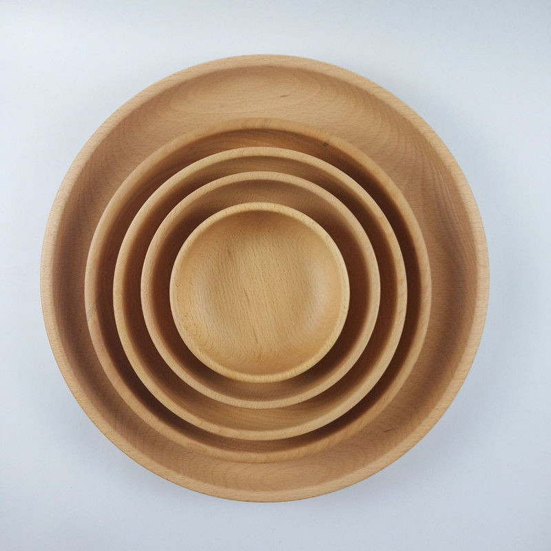 BPA Free Wooden Kitchen Utensil Set Creative Beech Wood Plate Round Salad Pickle Bowl