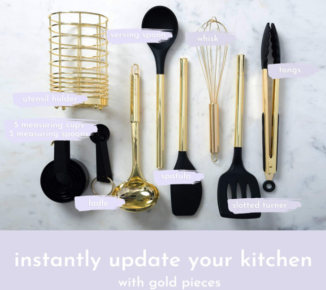 Black & Gold Kitchen Utensils With Metal Gold Utensil Holder 17PC Gold